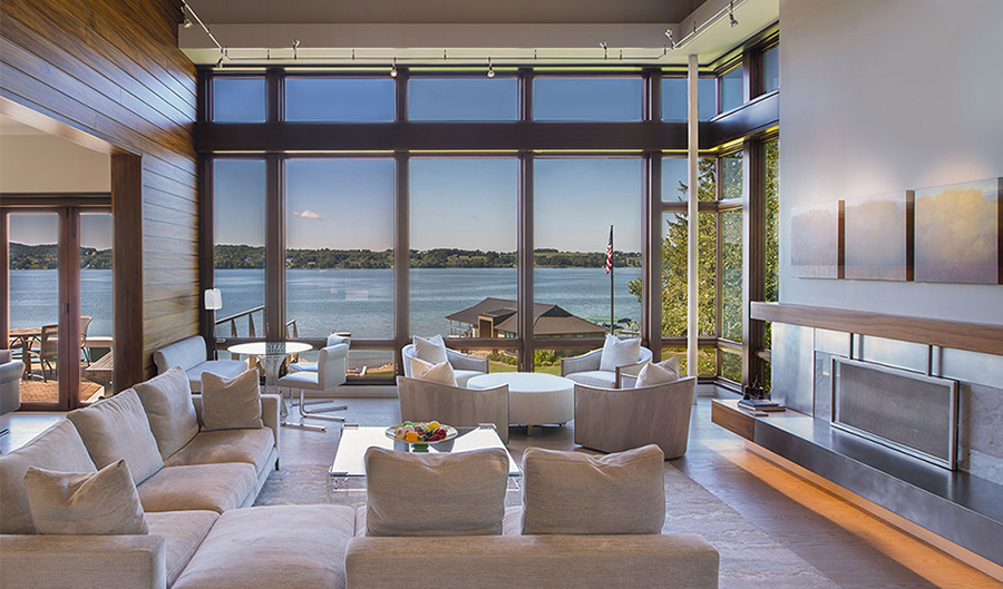 Modern living room with view to lake